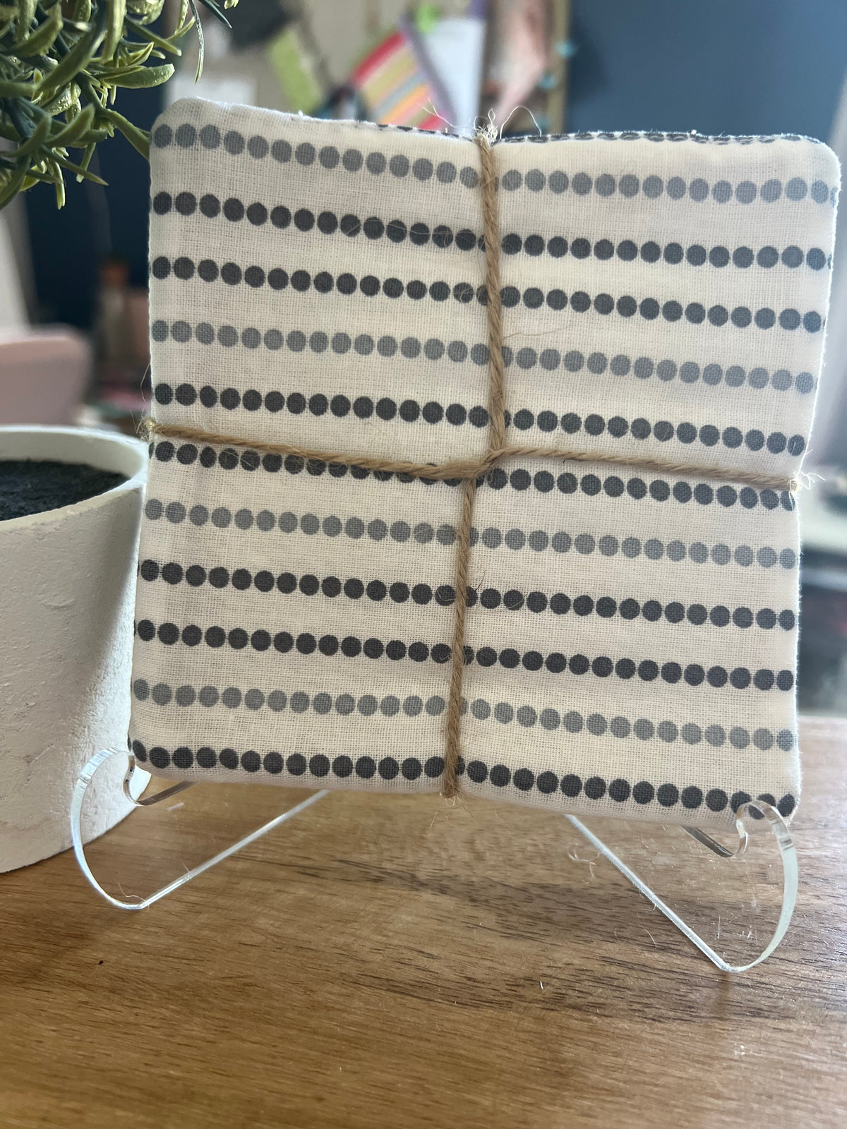 Light Green Floral/Gray and White Polka Dot Fabric Coaster Set
