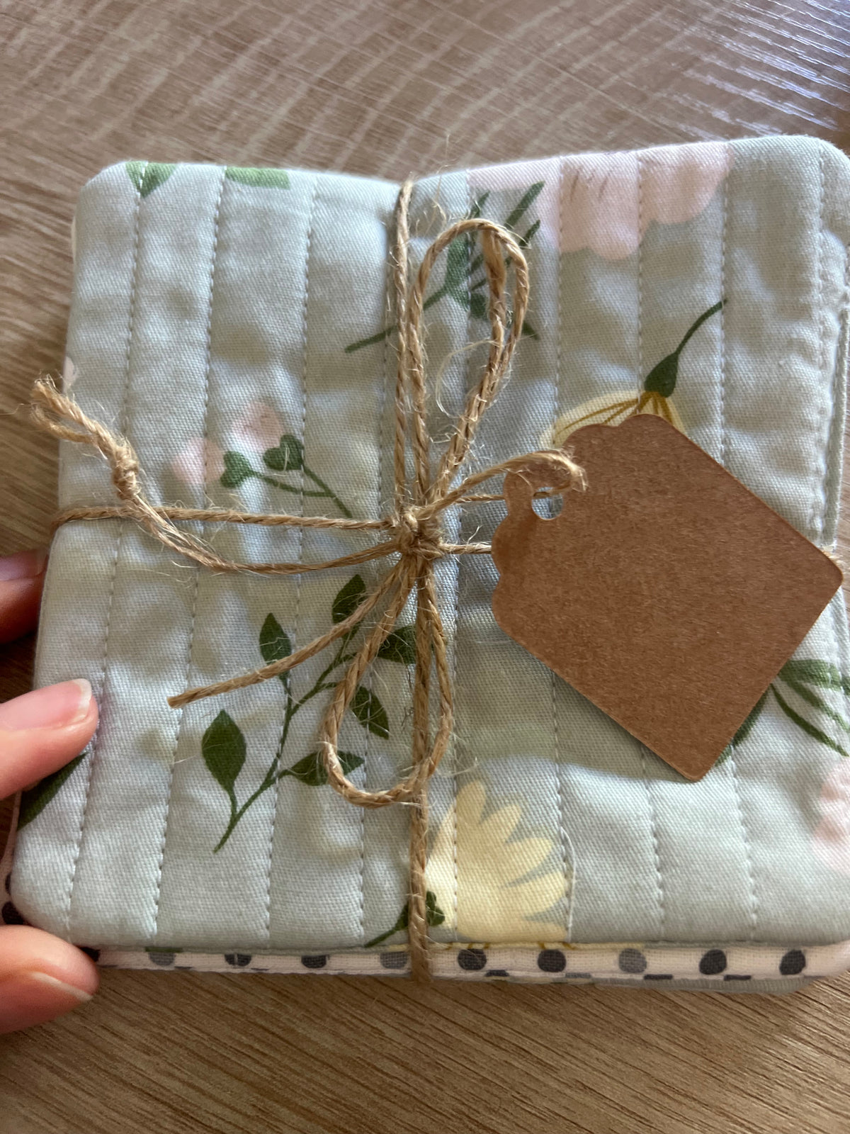 Light Green Floral/Gray and White Polka Dot Fabric Coaster Set