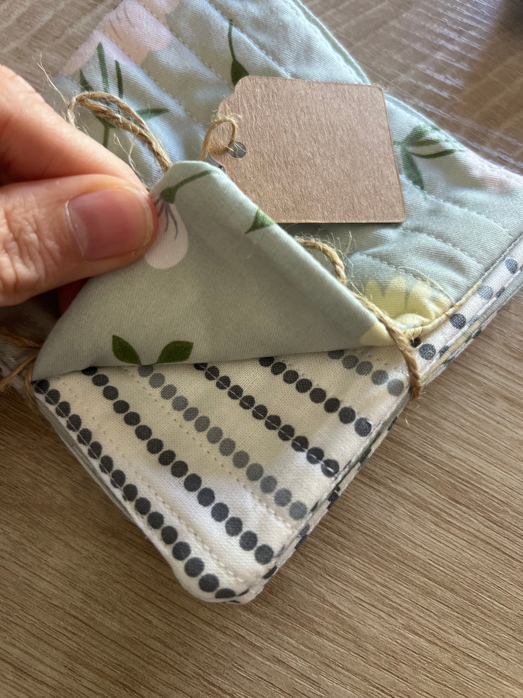 Light Green Floral/Gray and White Polka Dot Fabric Coaster Set