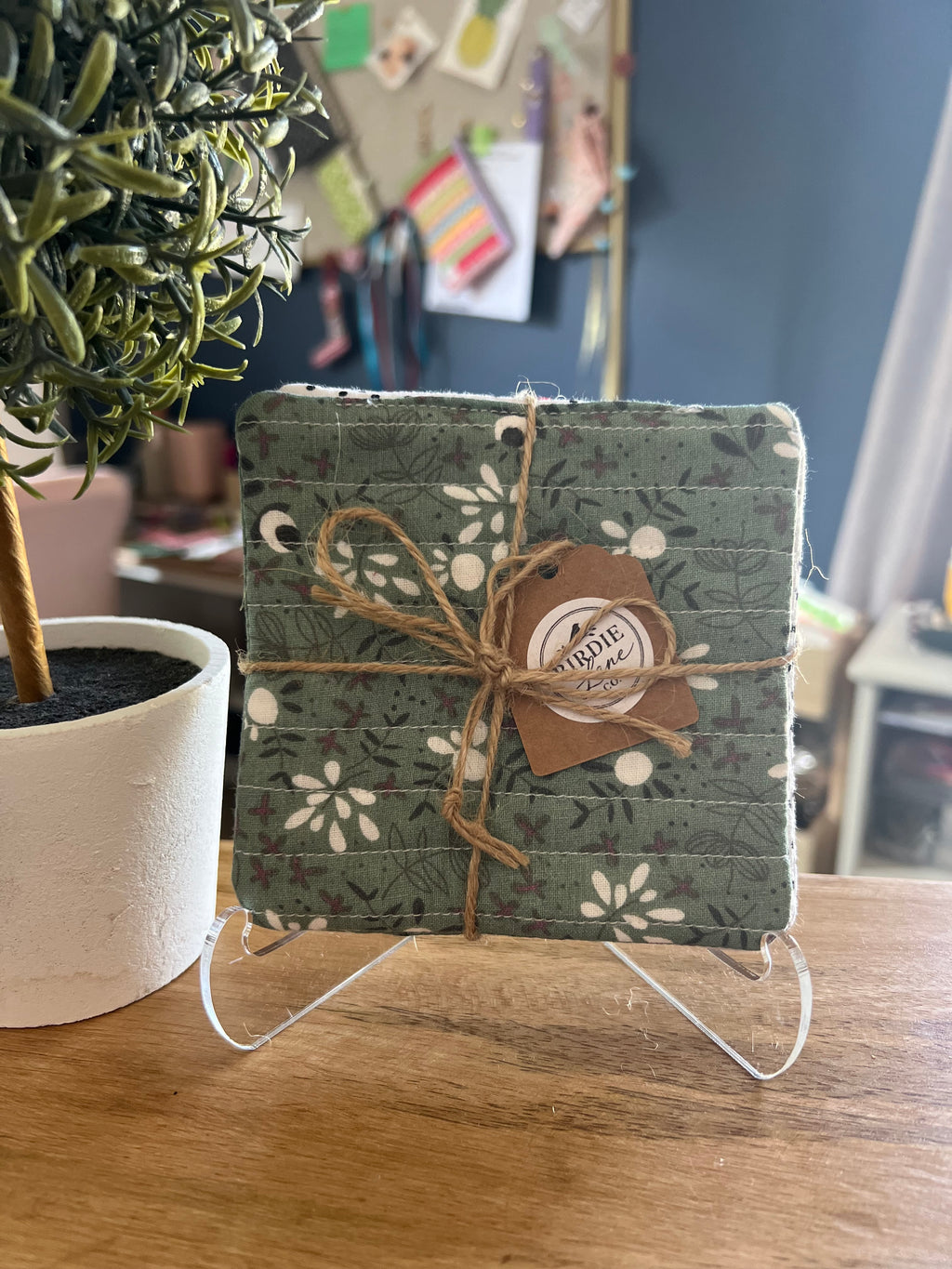 Dark Gray and White Floral/Polka Dot Fabric Coaster Set