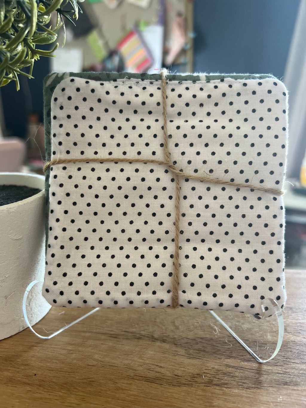 Dark Gray and White Floral/Polka Dot Fabric Coaster Set
