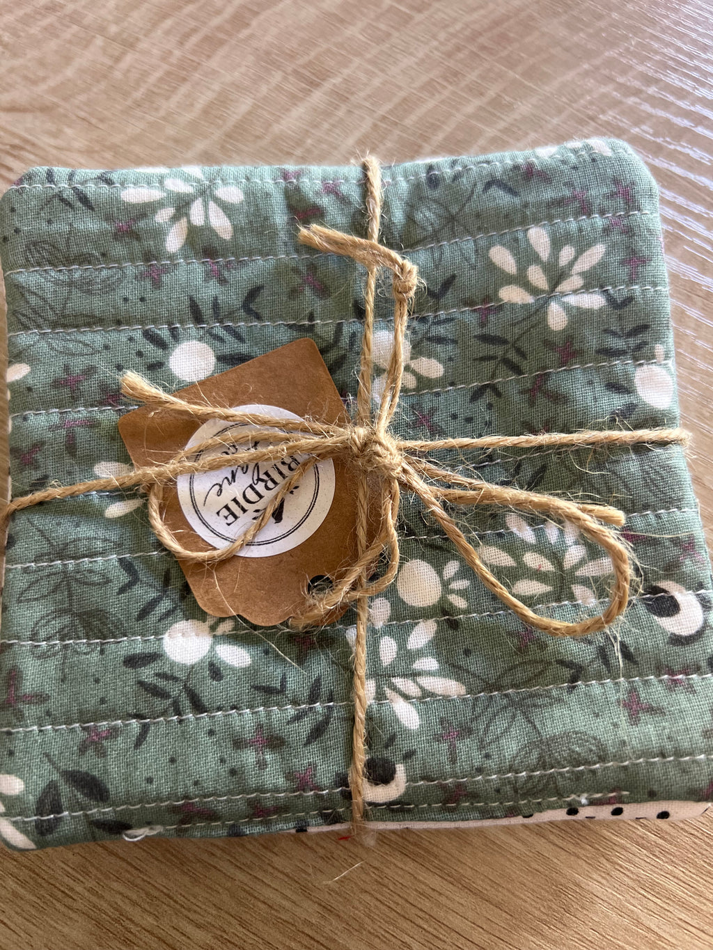 Dark Gray and White Floral/Polka Dot Fabric Coaster Set