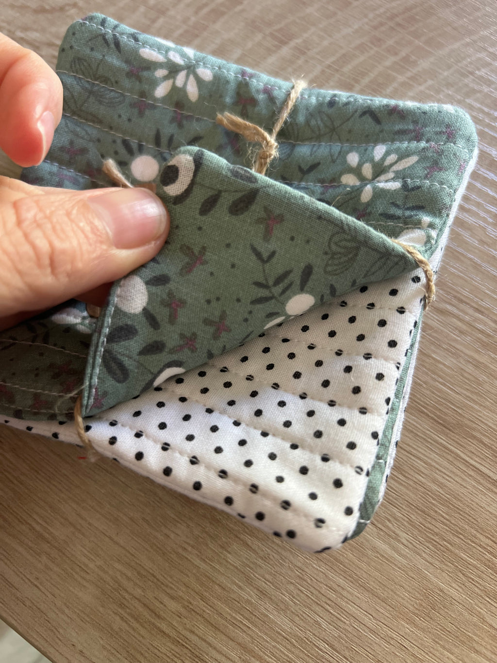 Dark Gray and White Floral/Polka Dot Fabric Coaster Set