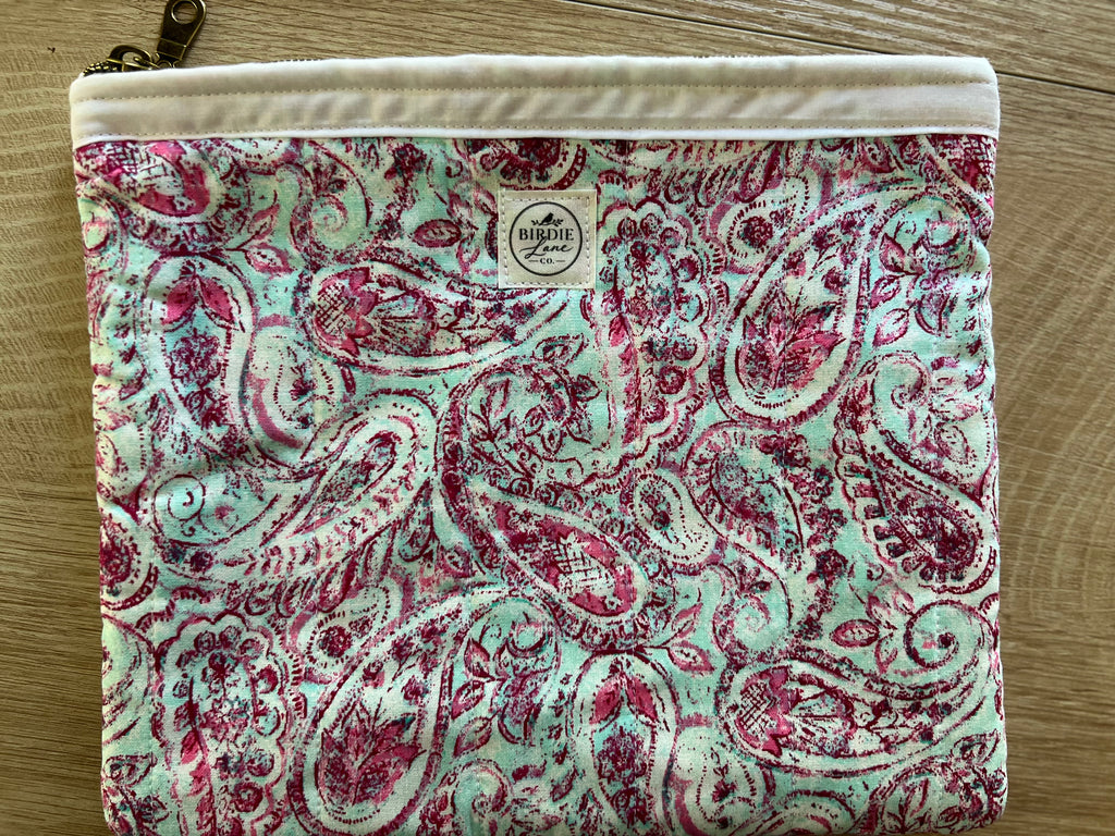 Raspberry Mint Paisley Large Quilted Zipper Pouch