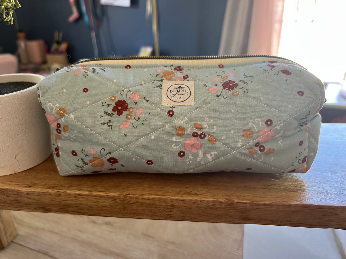 Sage Floral Quilted Boxy Pouch | Handmade Zipper Bag