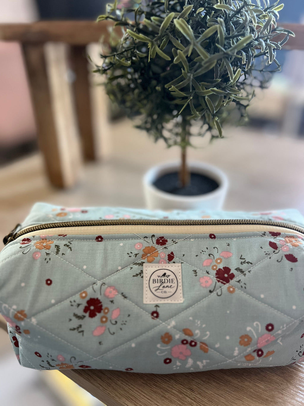 Sage Floral Quilted Boxy Pouch | Handmade Zipper Bag