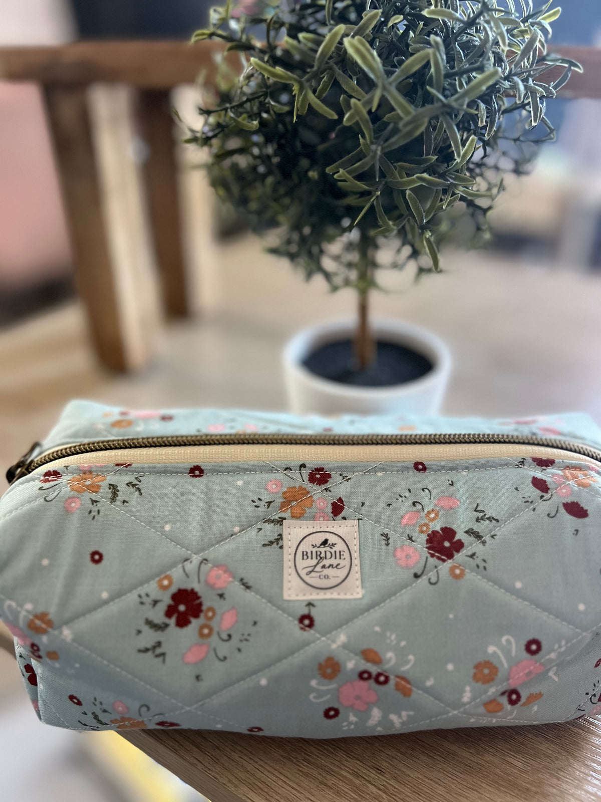 Sage Floral Quilted Boxy Pouch | Handmade Zipper Bag