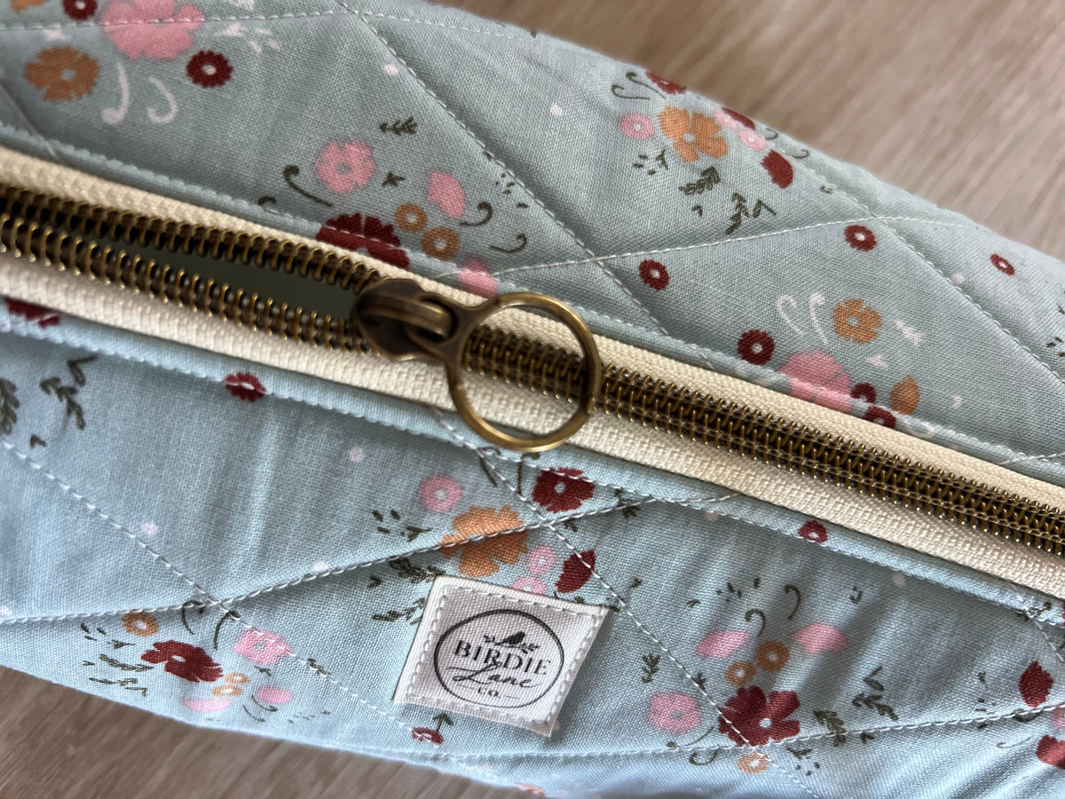 Sage Floral Quilted Boxy Pouch | Handmade Zipper Bag