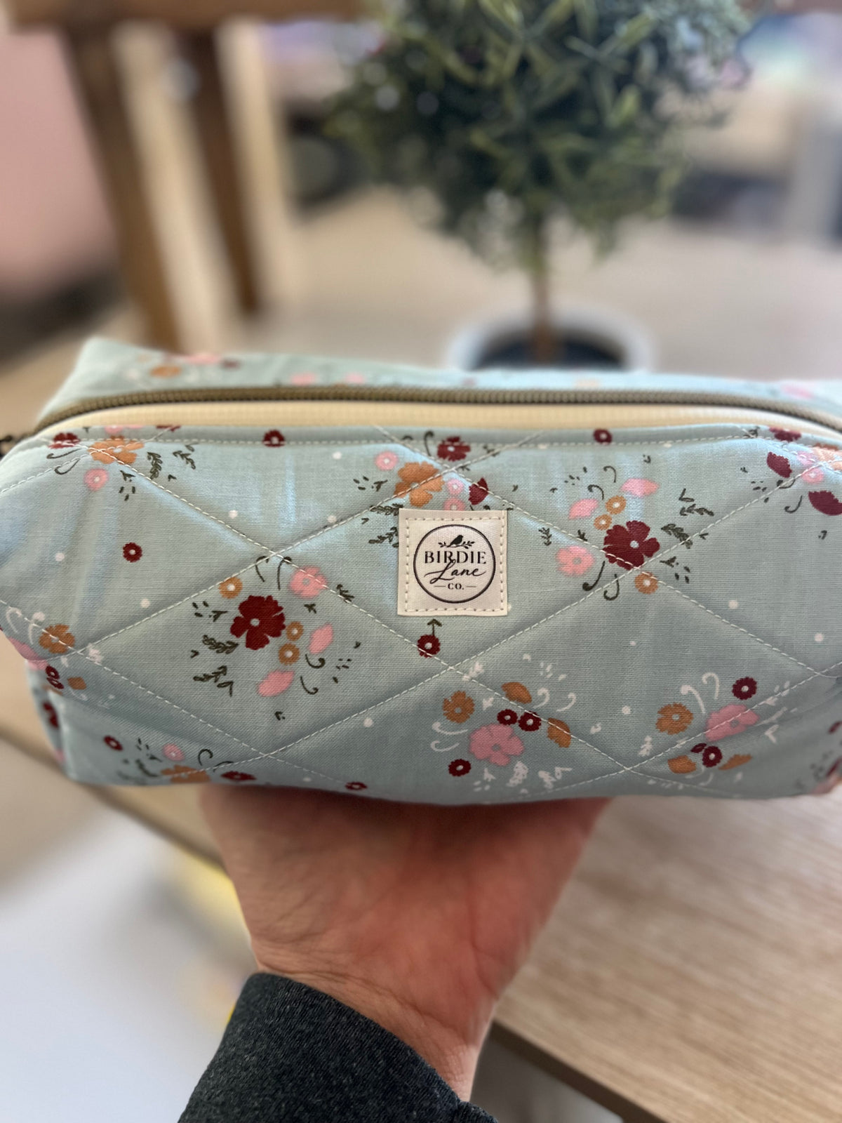 Sage Floral Quilted Boxy Pouch | Handmade Zipper Bag