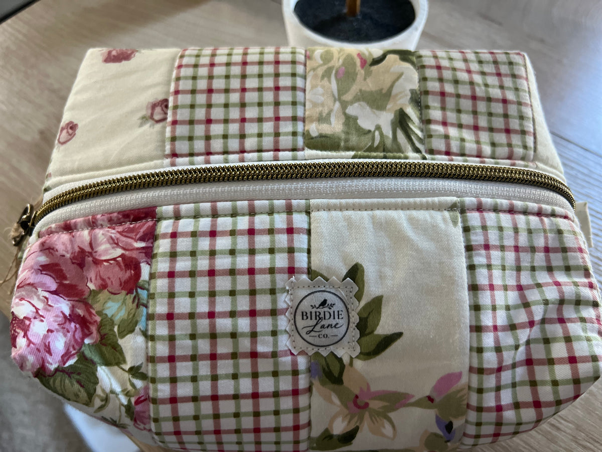Cottage Rose Patchwork Oversized Boxy Pouch | Handmade Quilted Zipper Bag