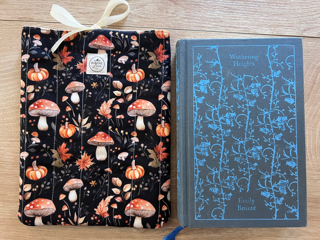 Midnight Mushroom Meadow Quilted Book Sleeve with Ribbon Tie