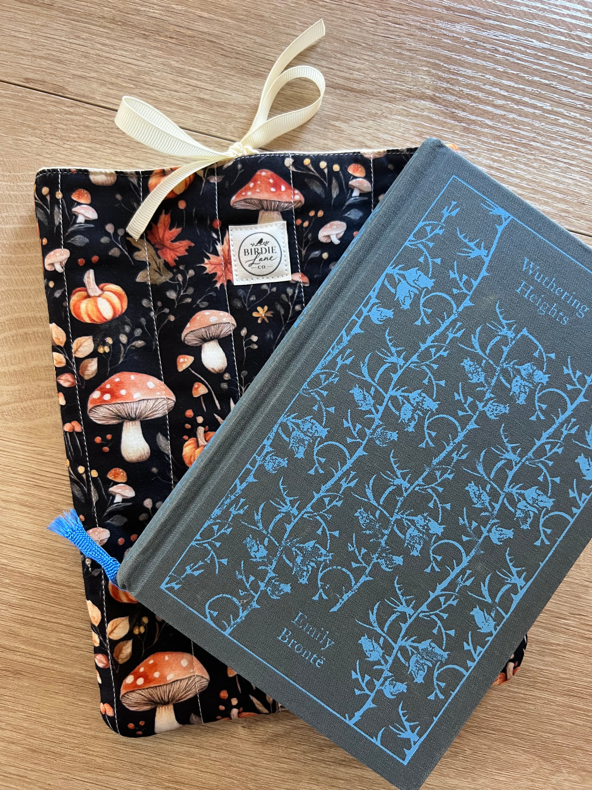 Midnight Mushroom Meadow Quilted Book Sleeve with Ribbon Tie