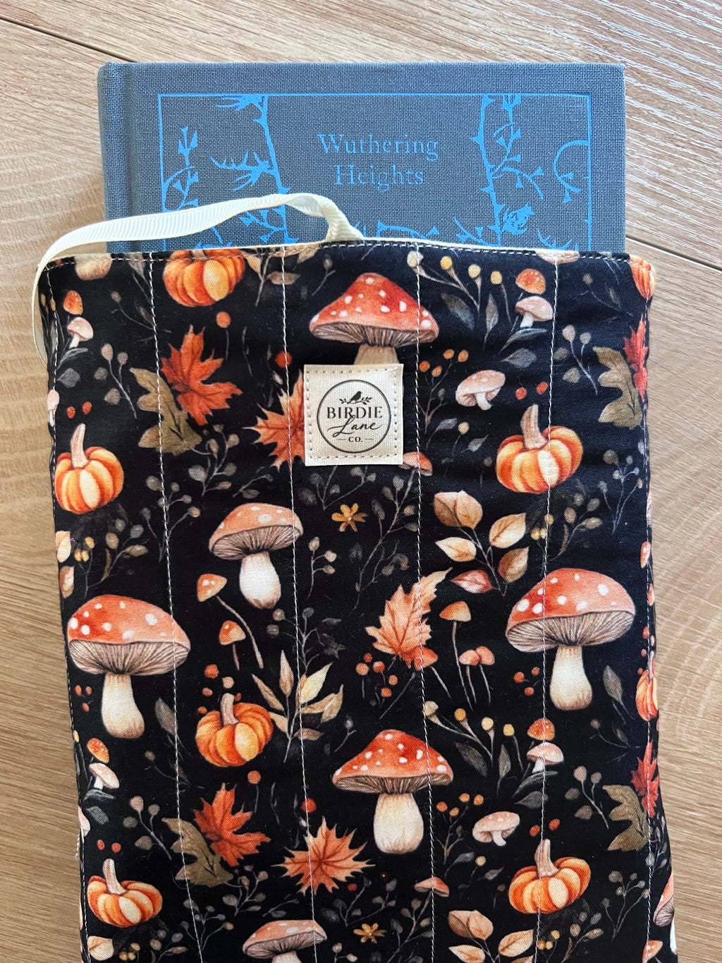 Midnight Mushroom Meadow Quilted Book Sleeve with Ribbon Tie
