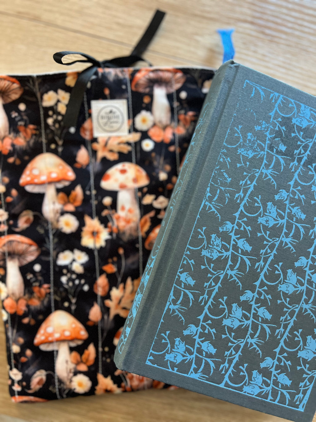 Enchanted Mushroom Forest Quilted Book Sleeve with Ribbon Tie