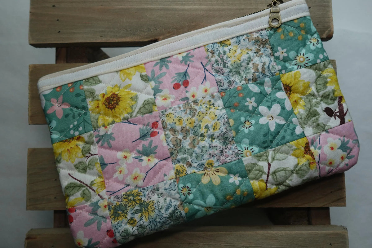Sunlit Meadow Patchwork Floral Quilted Zipper Pouch