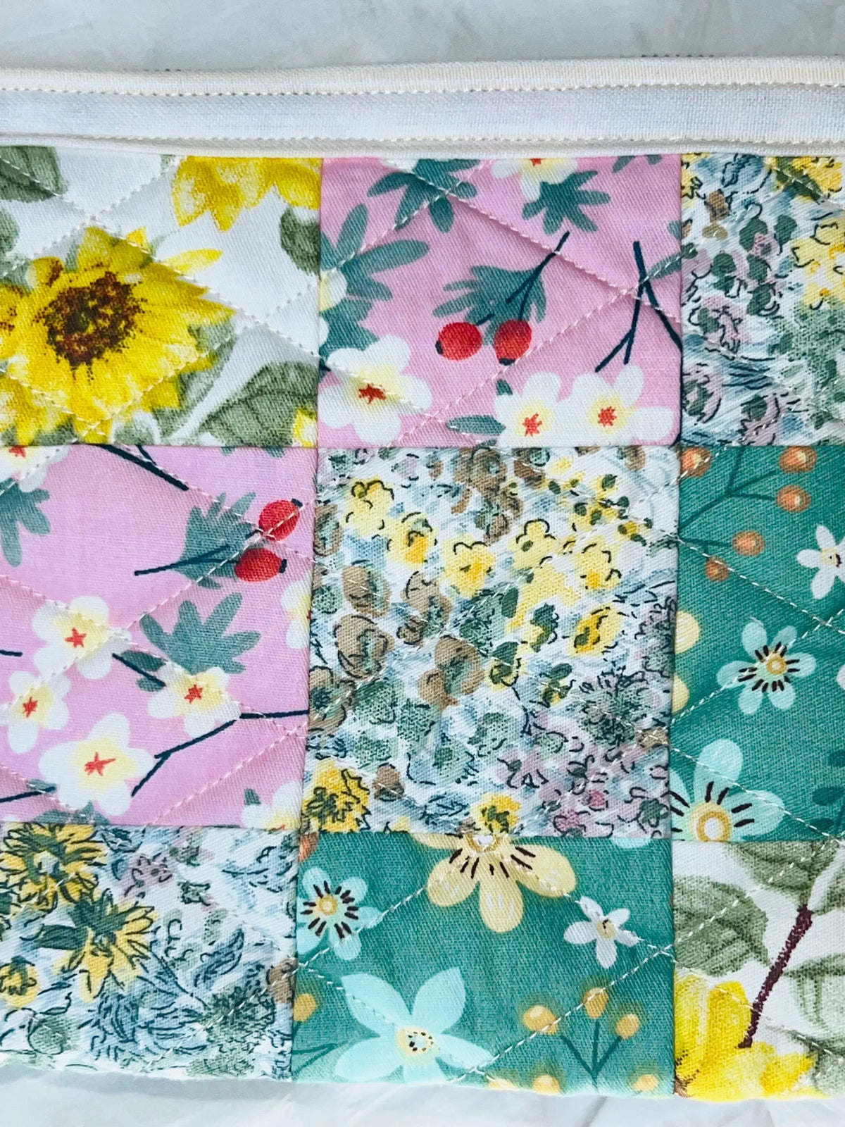 Sunlit Meadow Patchwork Floral Quilted Zipper Pouch